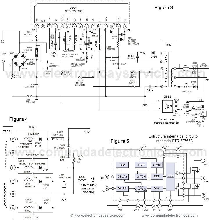Diagrama de fuente de TV Toshiba y circuito integrado STR-Z2753